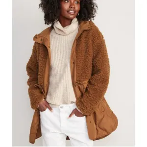 Old Navy Women's Size 3X Hooded Sherpa Quilted Hybrid Coat Golden Brown New