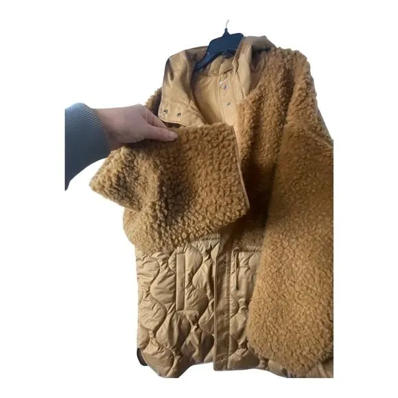 Old Navy Women's Size 3X Hooded Sherpa Quilted Hybrid Coat Golden Brown New