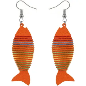 Orange Multicolor Wooden Woven Fish Earrings