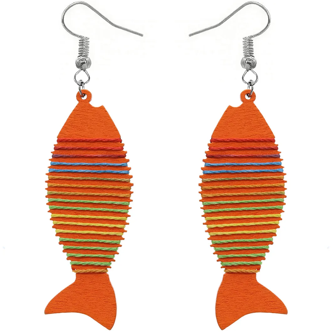 Orange Multicolor Wooden Woven Fish Earrings