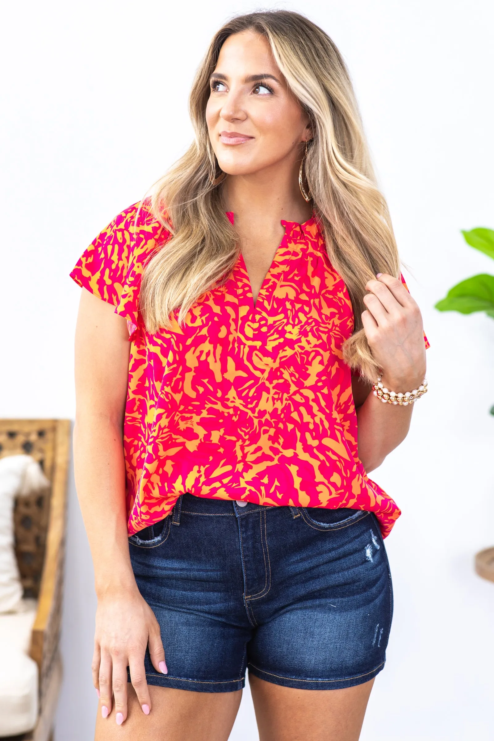 Orange Two Tone Abstract Print Woven Top