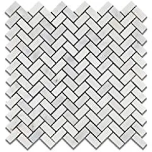 Oriental White (Eastern White) Marble Mini Herringbone Mosaic Tile, Polished - Box of 5 Sheets