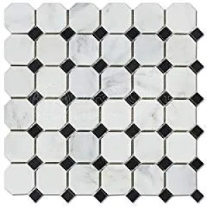 Oriental White (Eastern White) Marble Octagon Mosaic Tile w/ Black Marble Dots, Polished - Box of 5 Sheets