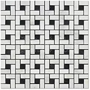 Oriental White (Eastern White) Marble Pinwheel Mosaic Tile with Black, Polished