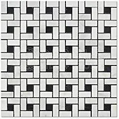 Oriental White (Eastern White) Marble Pinwheel Mosaic Tile with Black, Polished