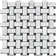 Oriental White - Eastern White Marble POLISHED Basketweave Mosaic Tile w/ Black Marble Dots - Lot of 50 Sheets