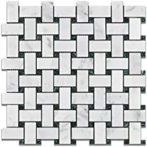 Oriental White - Eastern White Marble POLISHED Basketweave Mosaic Tile w/ Green Marble Dots - Box of 5 Sheets