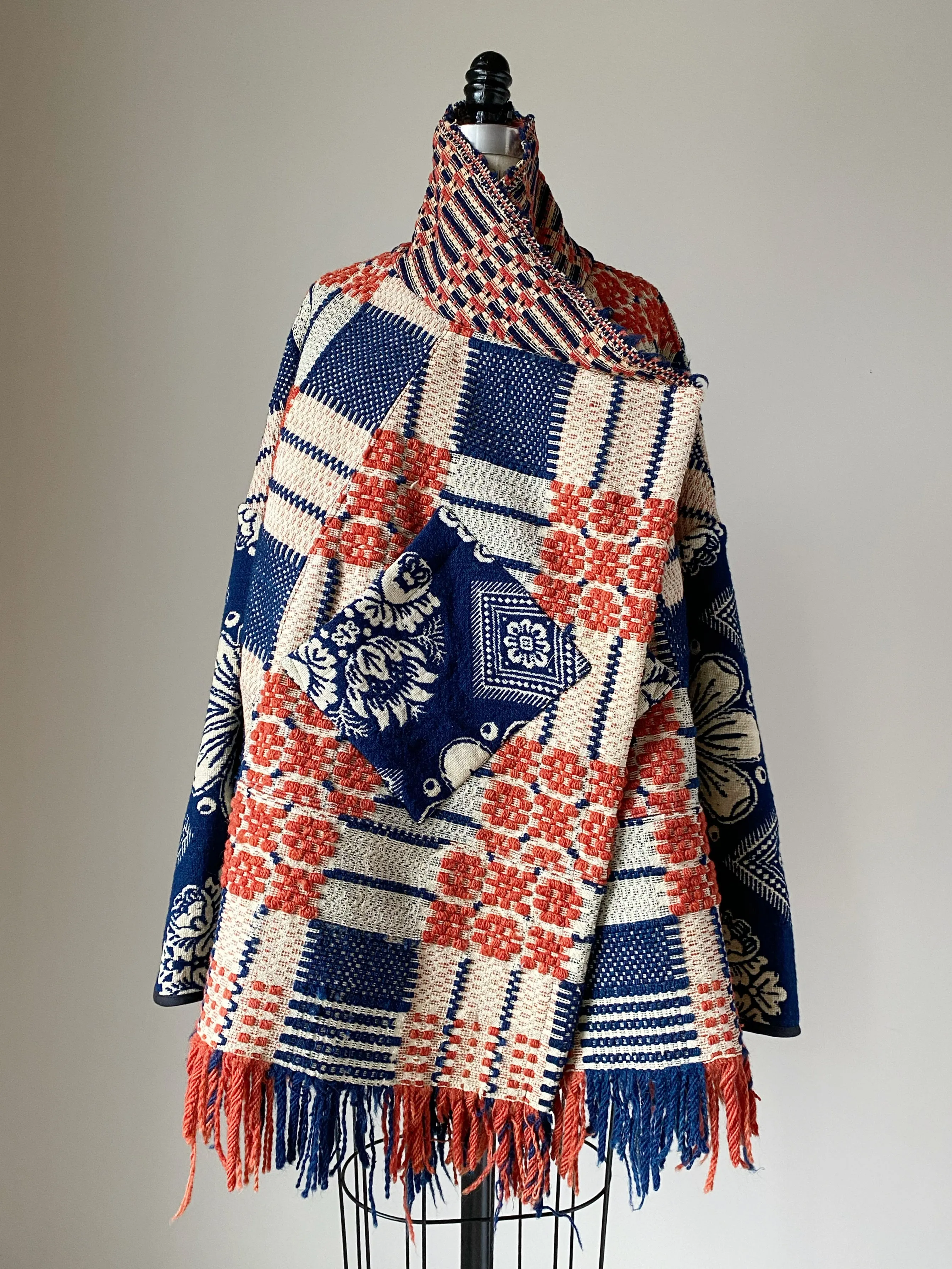overshot coverlet cocoon with floral coverlet sleeves