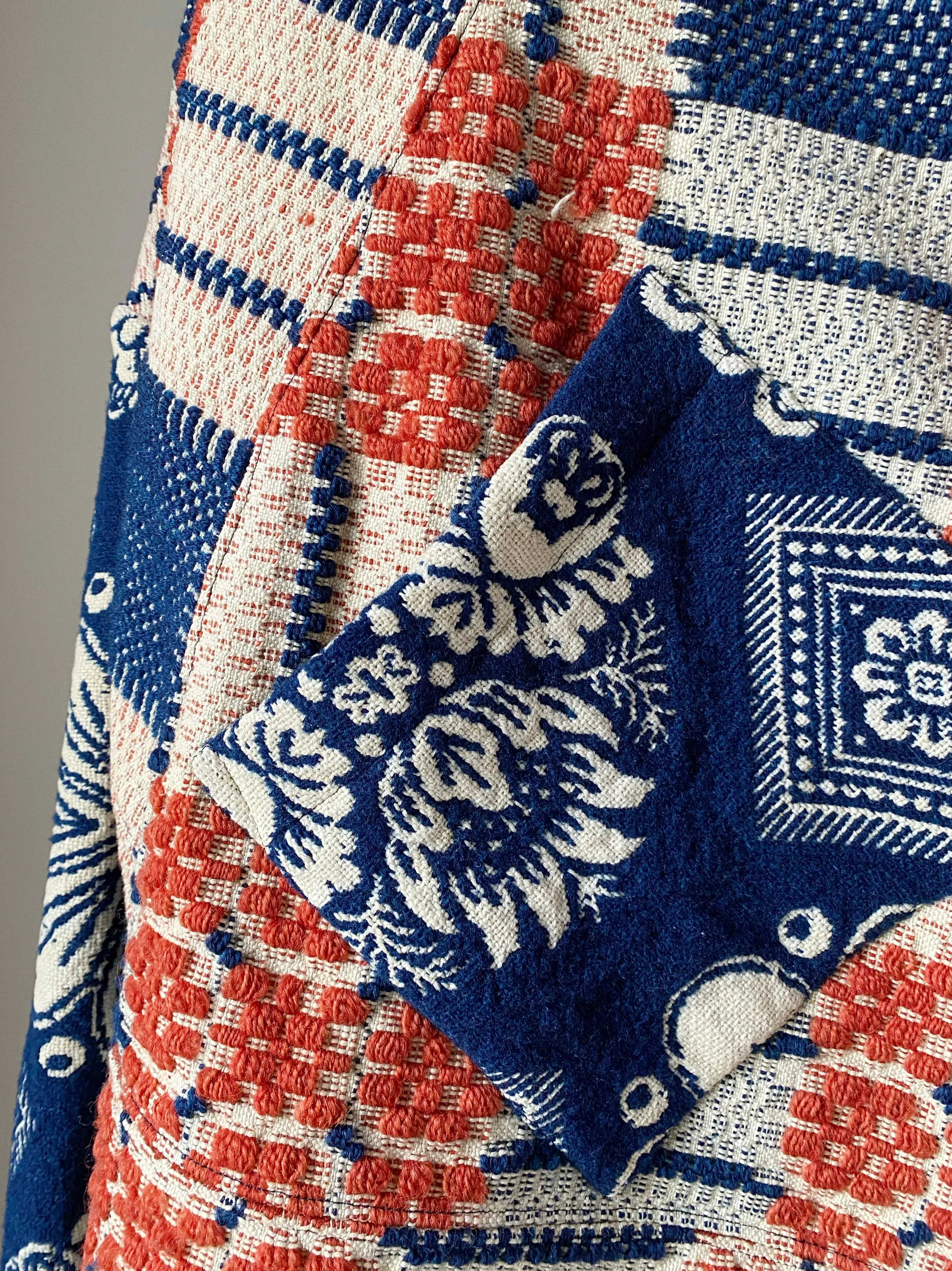 overshot coverlet cocoon with floral coverlet sleeves