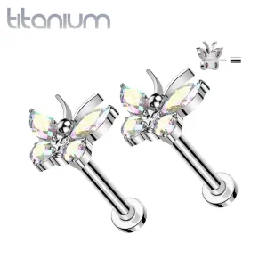 Pair of Implant Grade Titanium Aurora Borealis CZ Large Butterfly Threadless Push In Earrings With Flat Back