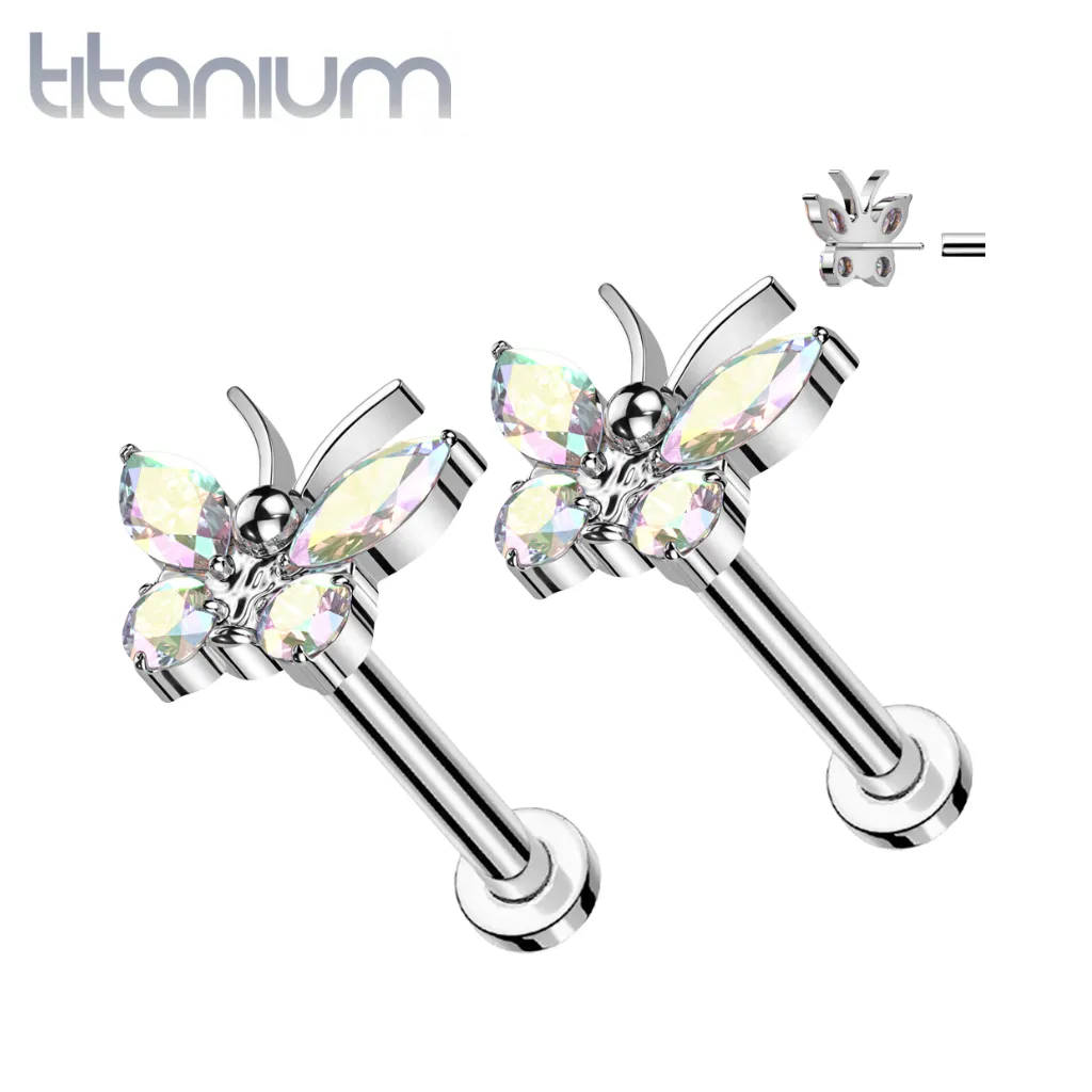 Pair of Implant Grade Titanium Aurora Borealis CZ Large Butterfly Threadless Push In Earrings With Flat Back