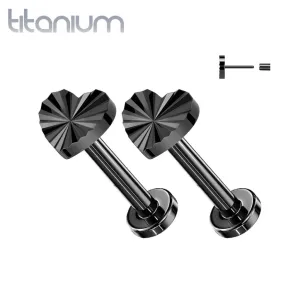 Pair of Implant Grade Titanium Black PVD Dainty Ridged Heart Threadless Push In Earrings With Flat Back