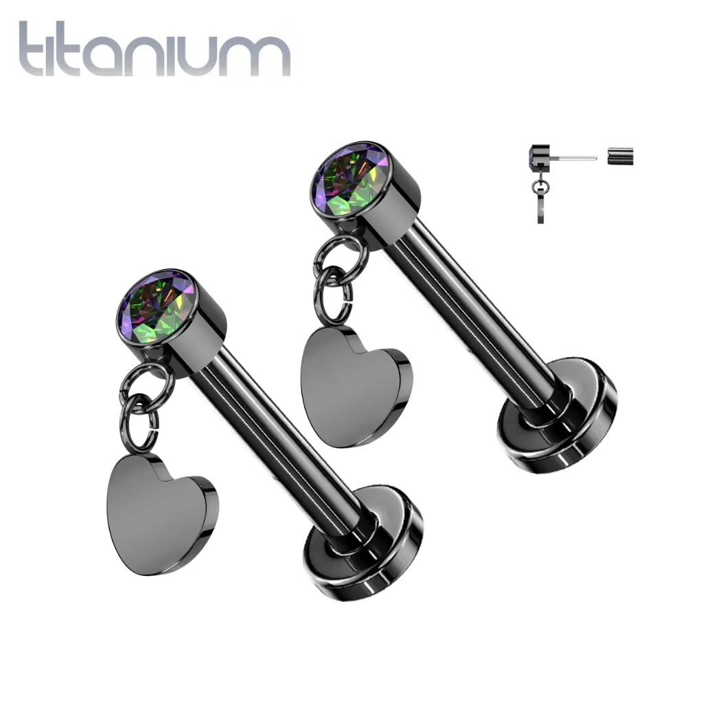 Pair of Implant Grade Titanium Black PVD VM CZ Heart Dangle Threadless Push In Earrings With Flat Back
