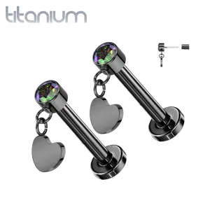 Pair of Implant Grade Titanium Black PVD VM CZ Heart Dangle Threadless Push In Earrings With Flat Back