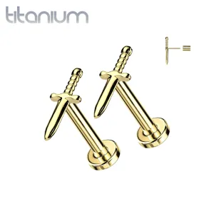 Pair of Implant Grade Titanium Gold PVD Dagger Threadless Push In Earrings With Flat Back
