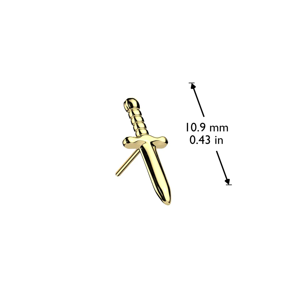 Pair of Implant Grade Titanium Gold PVD Dagger Threadless Push In Earrings With Flat Back