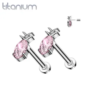 Pair of Implant Grade Titanium Pink CZ Gem Pineapple Threadless Push In Earrings With Flat Back