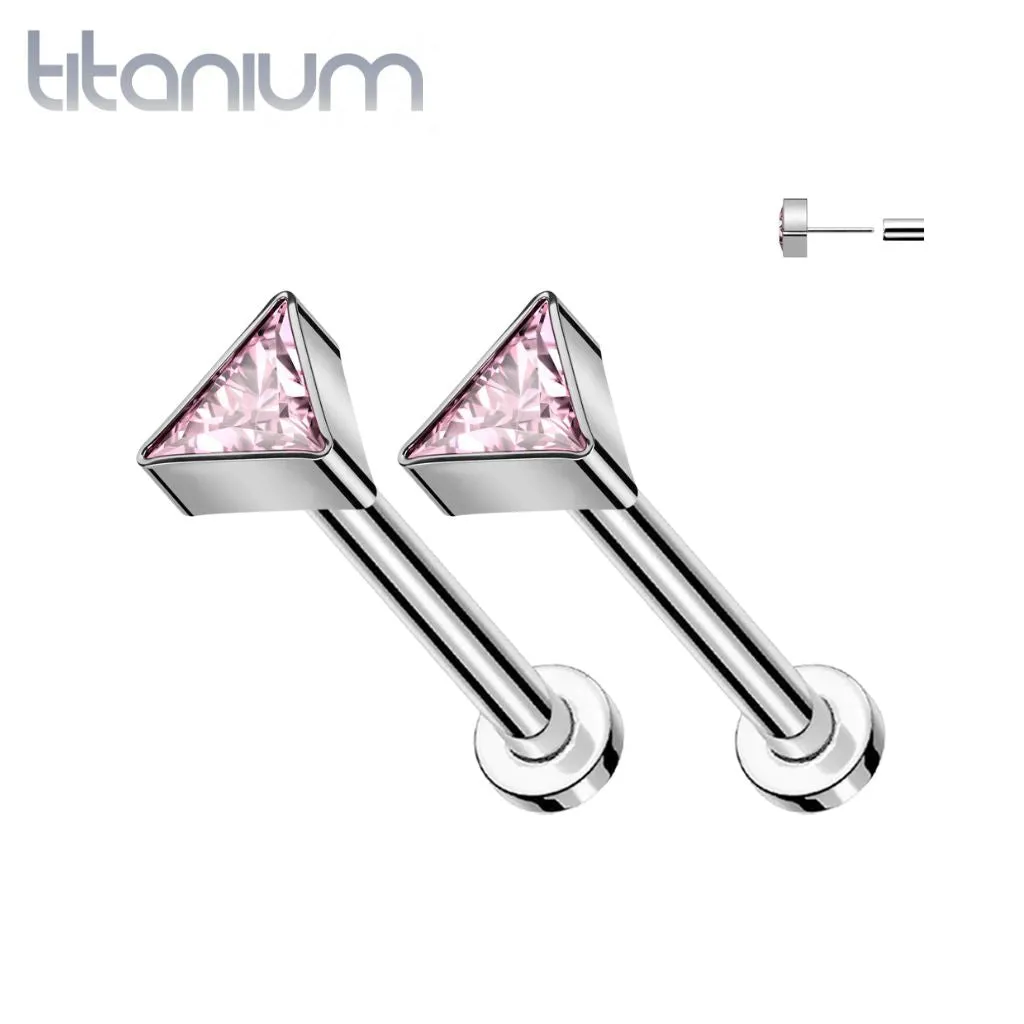 Pair of Implant Grade Titanium Pink CZ Triangle Threadless Push In Earrings With Flat Back
