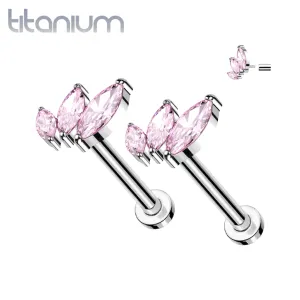 Pair of Implant Grade Titanium Pink CZ Triple Marquise Threadless Push In Earrings With Flat Back