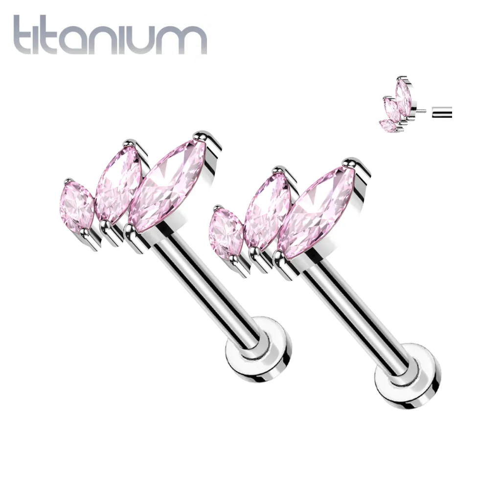 Pair of Implant Grade Titanium Pink CZ Triple Marquise Threadless Push In Earrings With Flat Back