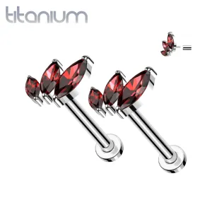 Pair of Implant Grade Titanium Red CZ Triple Marquise Threadless Push In Earrings With Flat Back