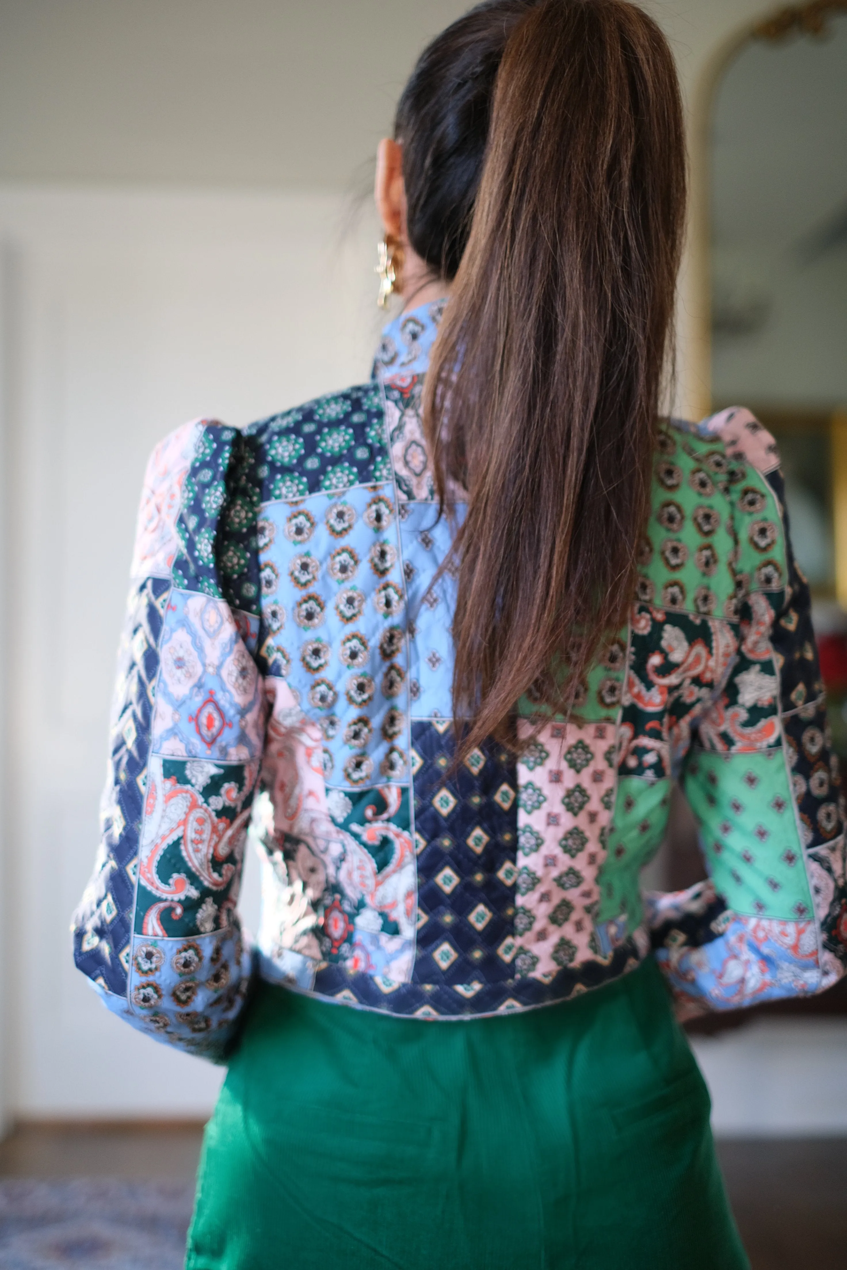 Paisley Kelly Green Multi Colored Quilted Cropped Jacket