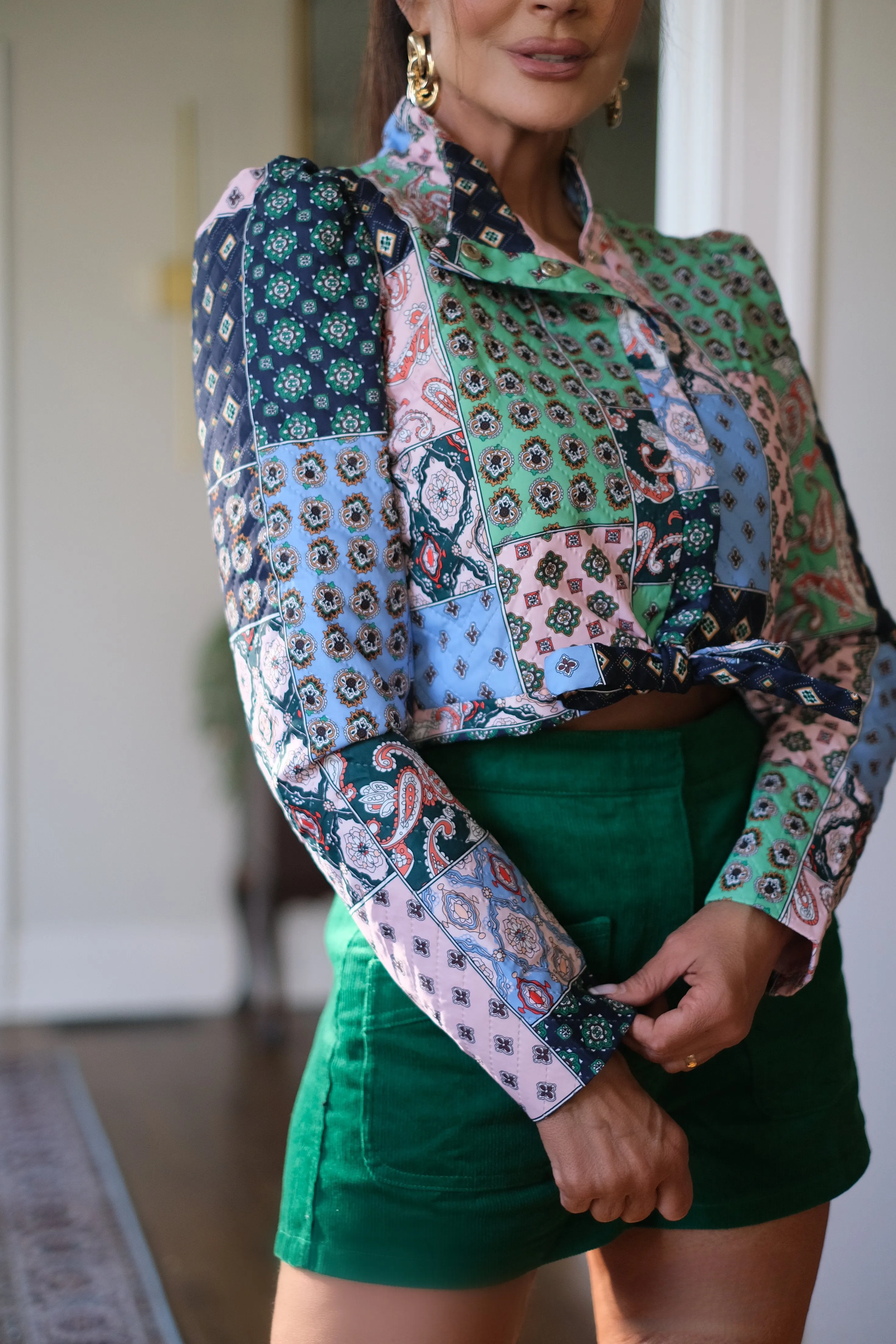 Paisley Kelly Green Multi Colored Quilted Cropped Jacket