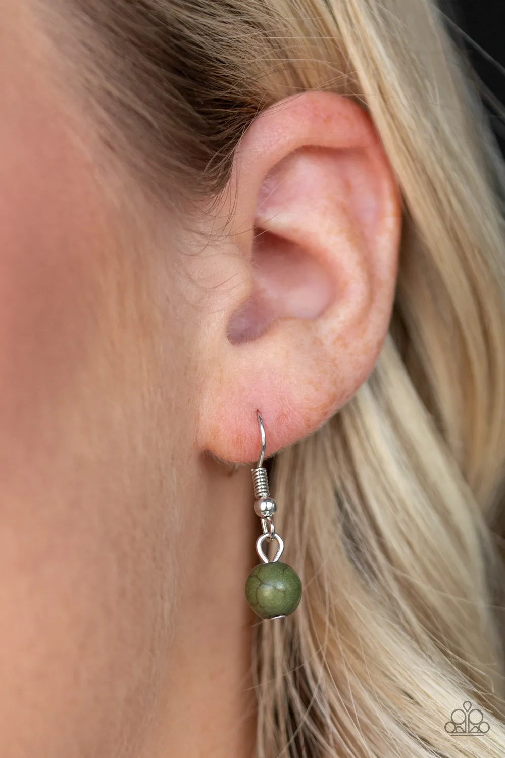 Paparazzi " Earth Conscious " Silver Metal & Green Stone Bead Cascade Necklace Set