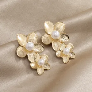 Pearl & 18K Gold-Plated Linked Flower Drop Earrings