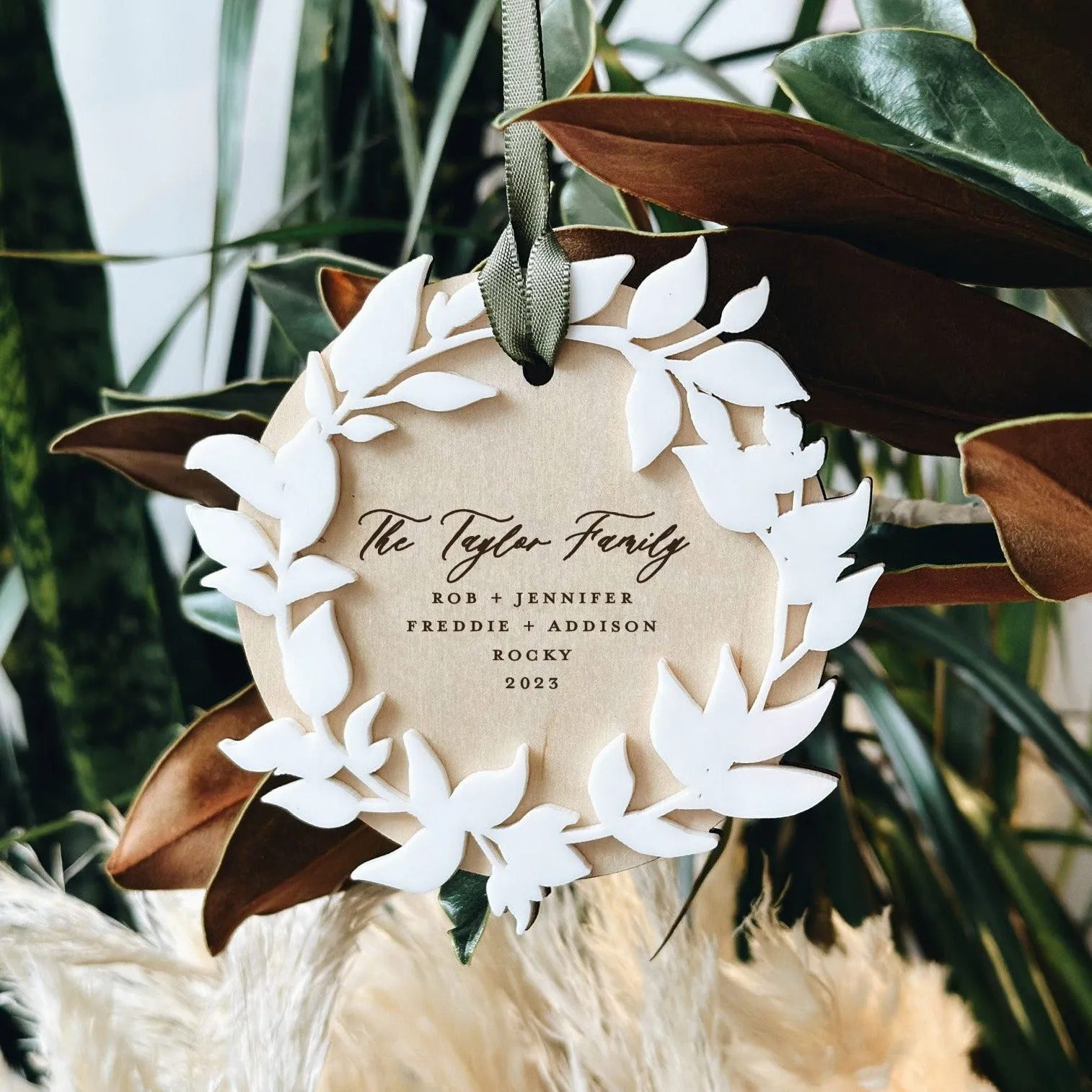 Personalized Wood   Acrylic Family Wreath Christmas Ornament