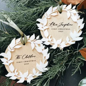 Personalized Wood   Acrylic Wreath First Christmas Ornament