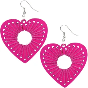 Pink Wooden Woven Heart Earrings