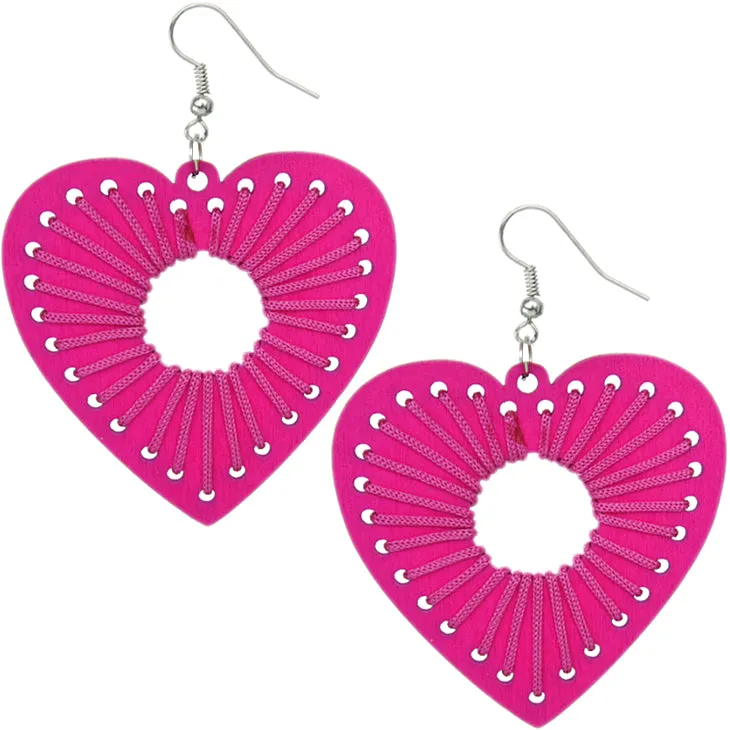Pink Wooden Woven Heart Earrings