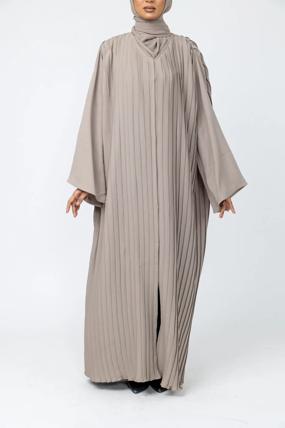 Pleated Abaya with Flared sleeves - Nude