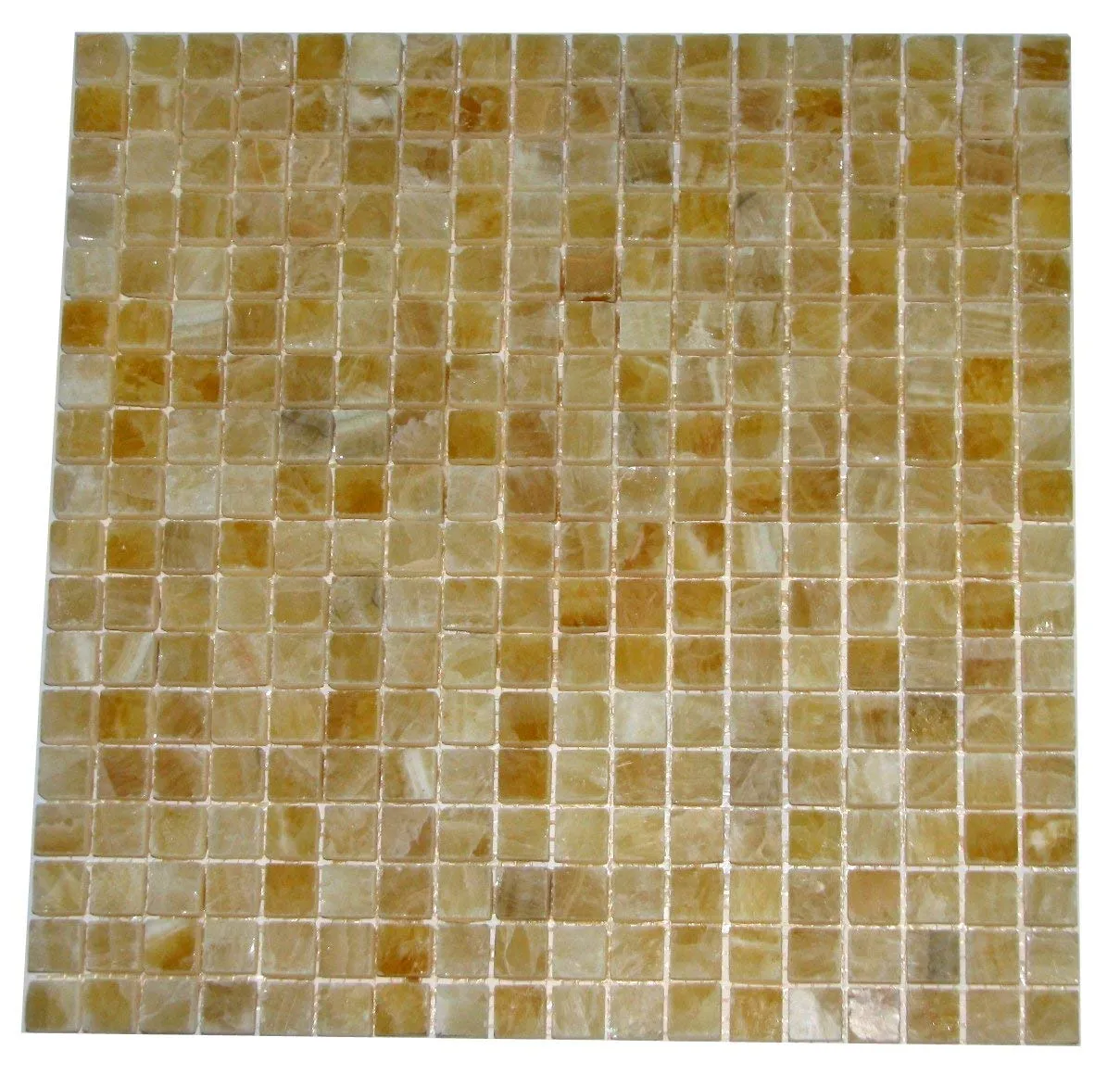 Premium Quality Honey Onyx 5/8 x 5/8 Polished Mosaics Meshed on 12" X 12" Sheet for Backsplash, Shower Walls, Bathroom Floors