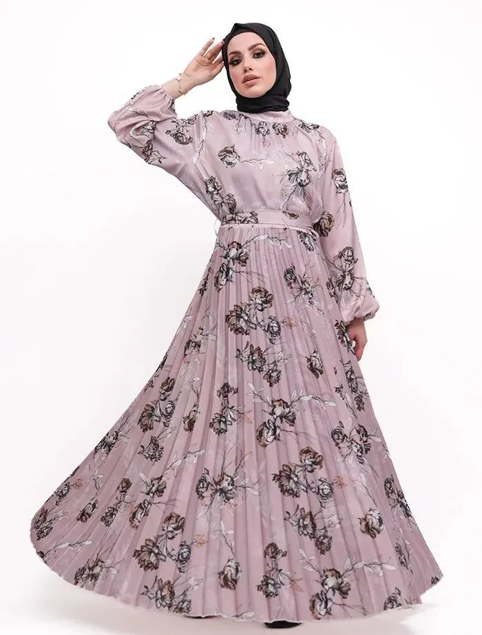 Printed Satin Pleat Maxi - Floral Mauve