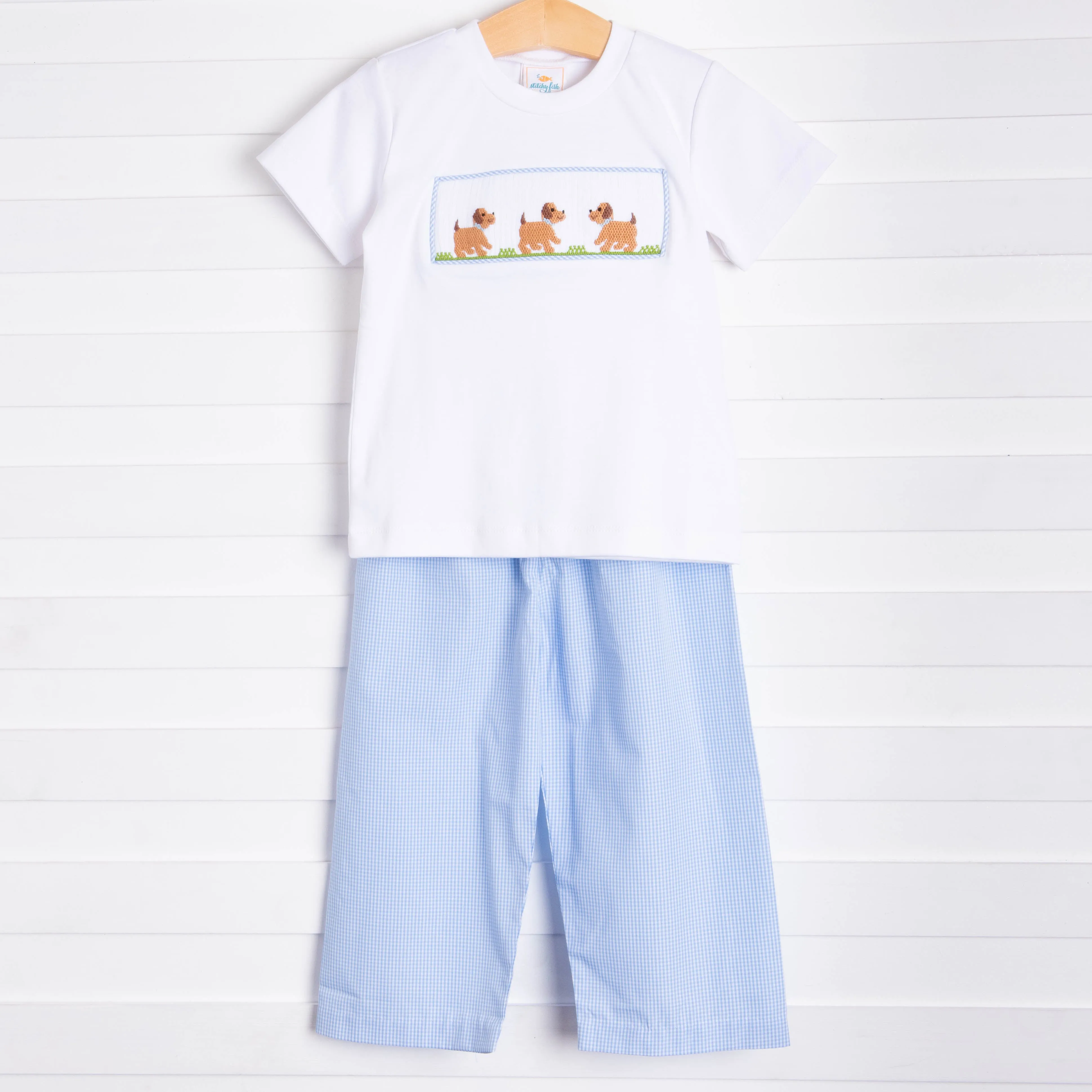 Puppy Smocked Pant Set, Blue