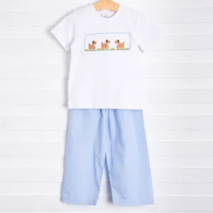 Puppy Smocked Pant Set, Blue
