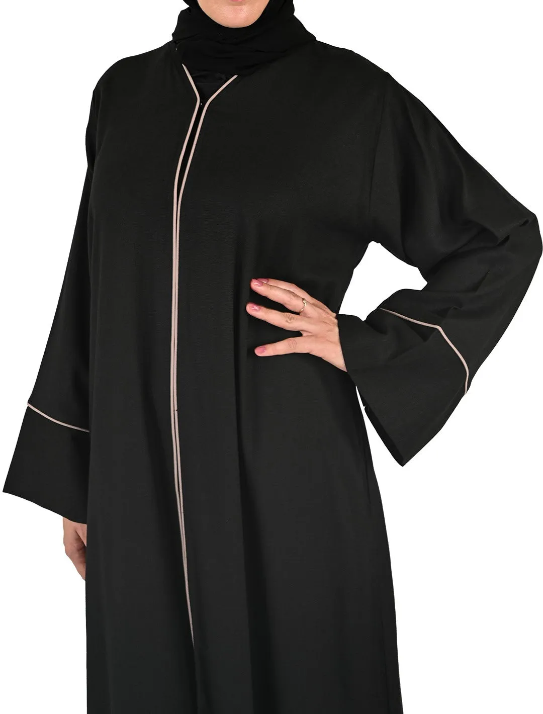 Pure Soft Premium Linen Abaya with Contrast Piping - Black