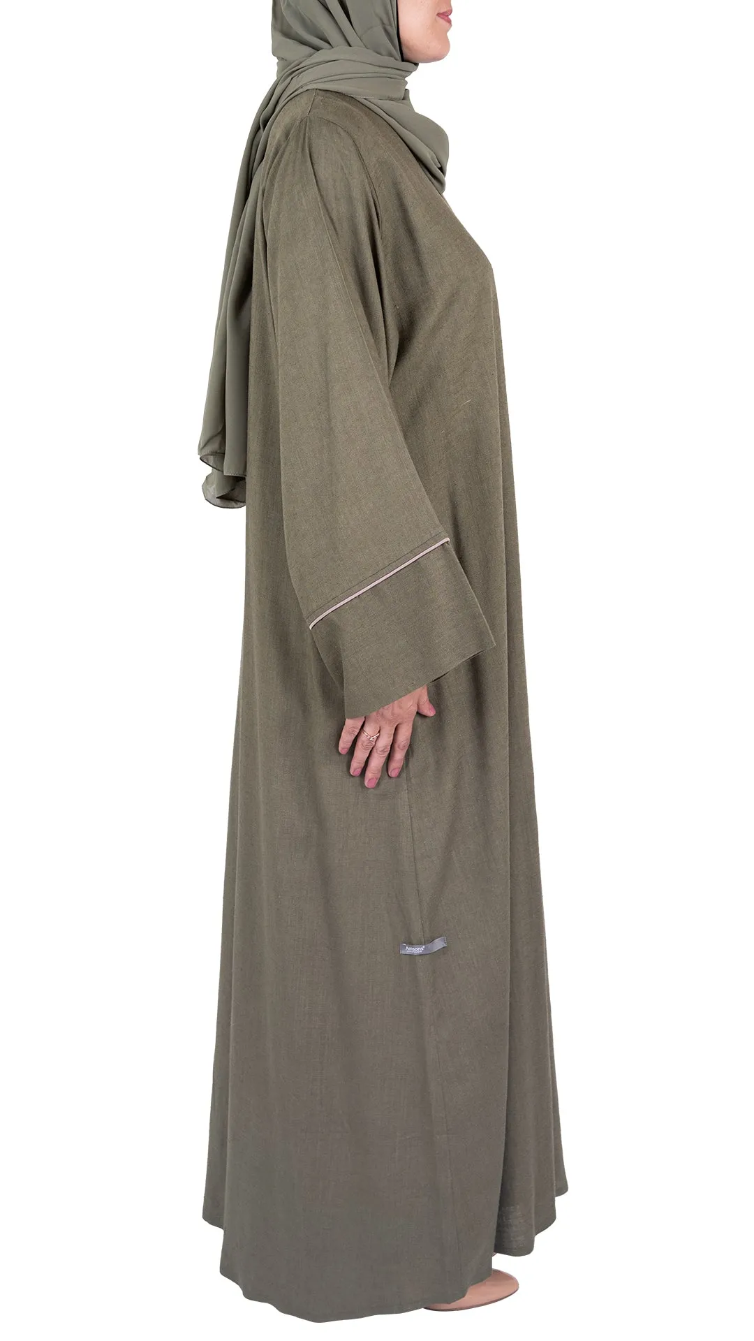 Pure Soft Premium Linen Abaya with Contrast Piping - Khaki
