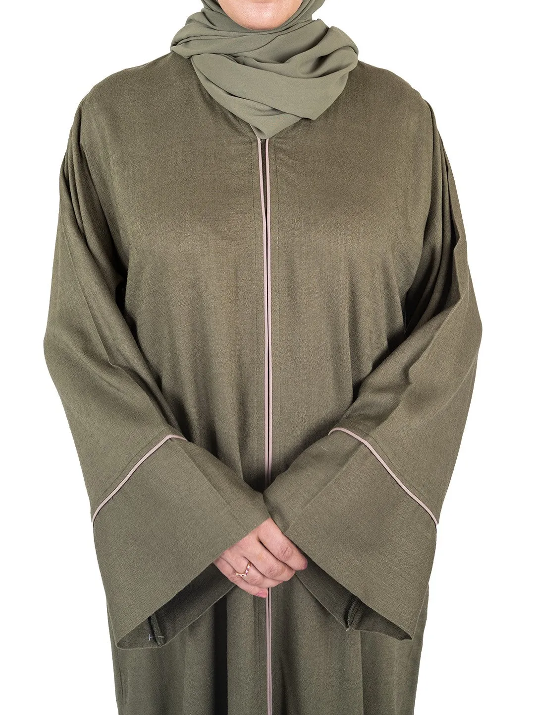Pure Soft Premium Linen Abaya with Contrast Piping - Khaki