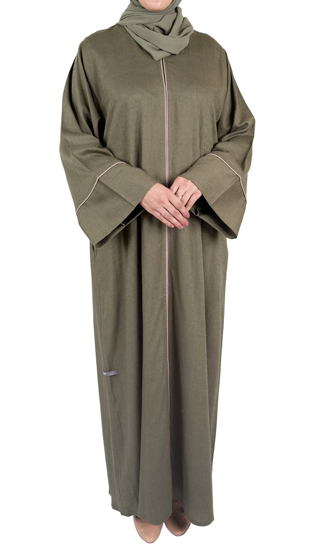 Pure Soft Premium Linen Abaya with Contrast Piping - Khaki