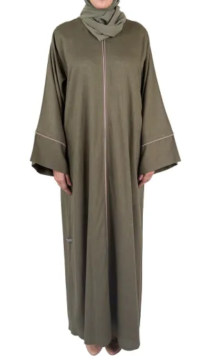 Pure Soft Premium Linen Abaya with Contrast Piping - Khaki