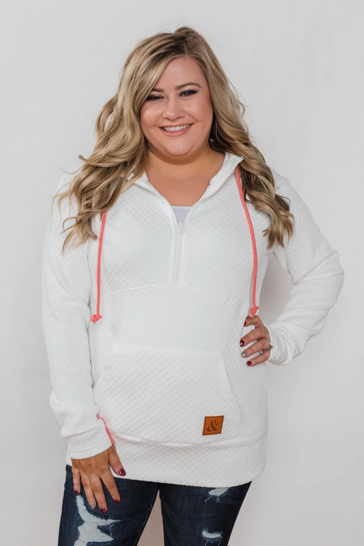 Quilted Half-Zip Ampersand Hoodie- White & Coral