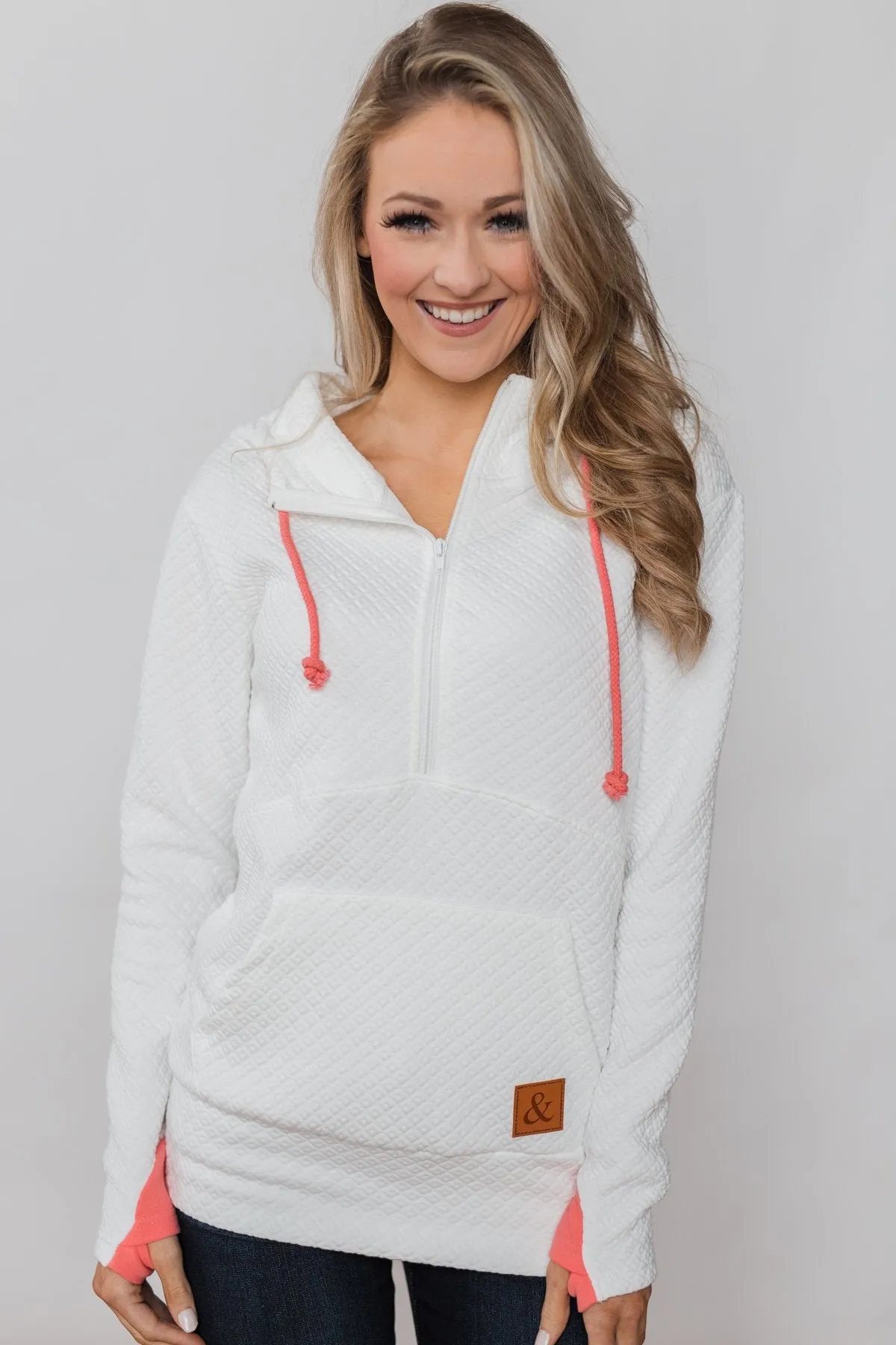 Quilted Half-Zip Ampersand Hoodie- White & Coral