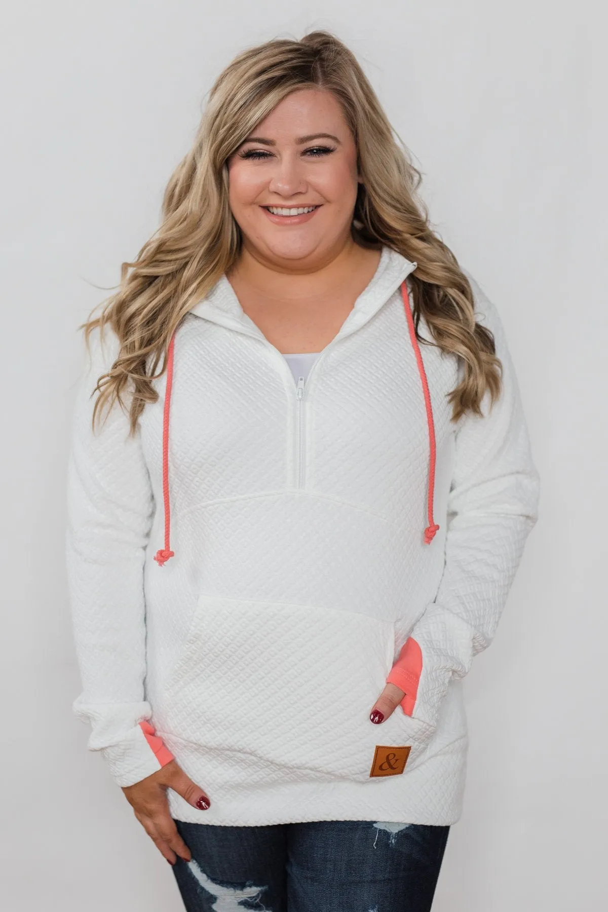 Quilted Half-Zip Ampersand Hoodie- White & Coral