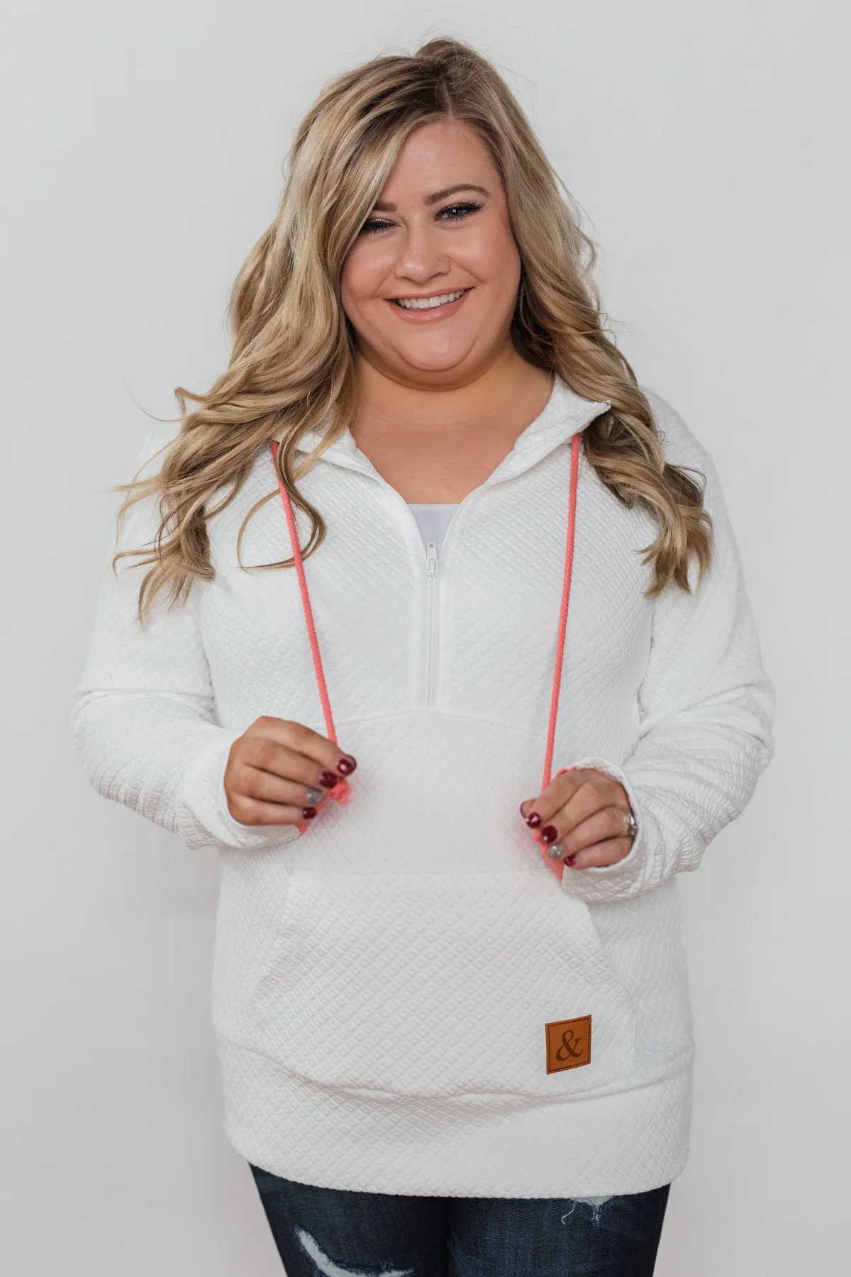 Quilted Half-Zip Ampersand Hoodie- White & Coral