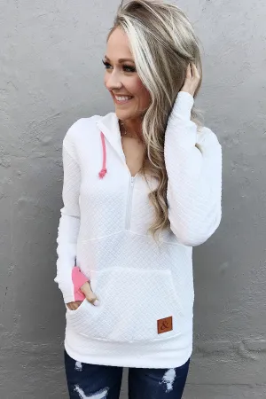 Quilted Half-Zip Ampersand Hoodie- White & Coral