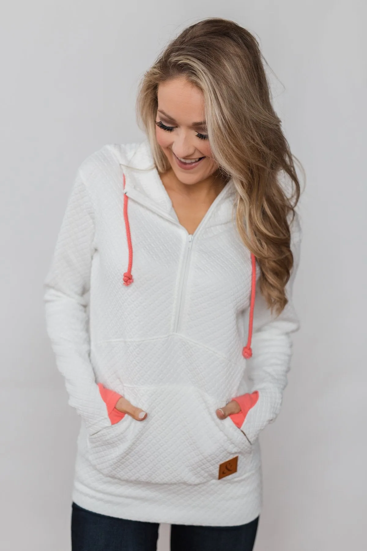 Quilted Half-Zip Ampersand Hoodie- White & Coral