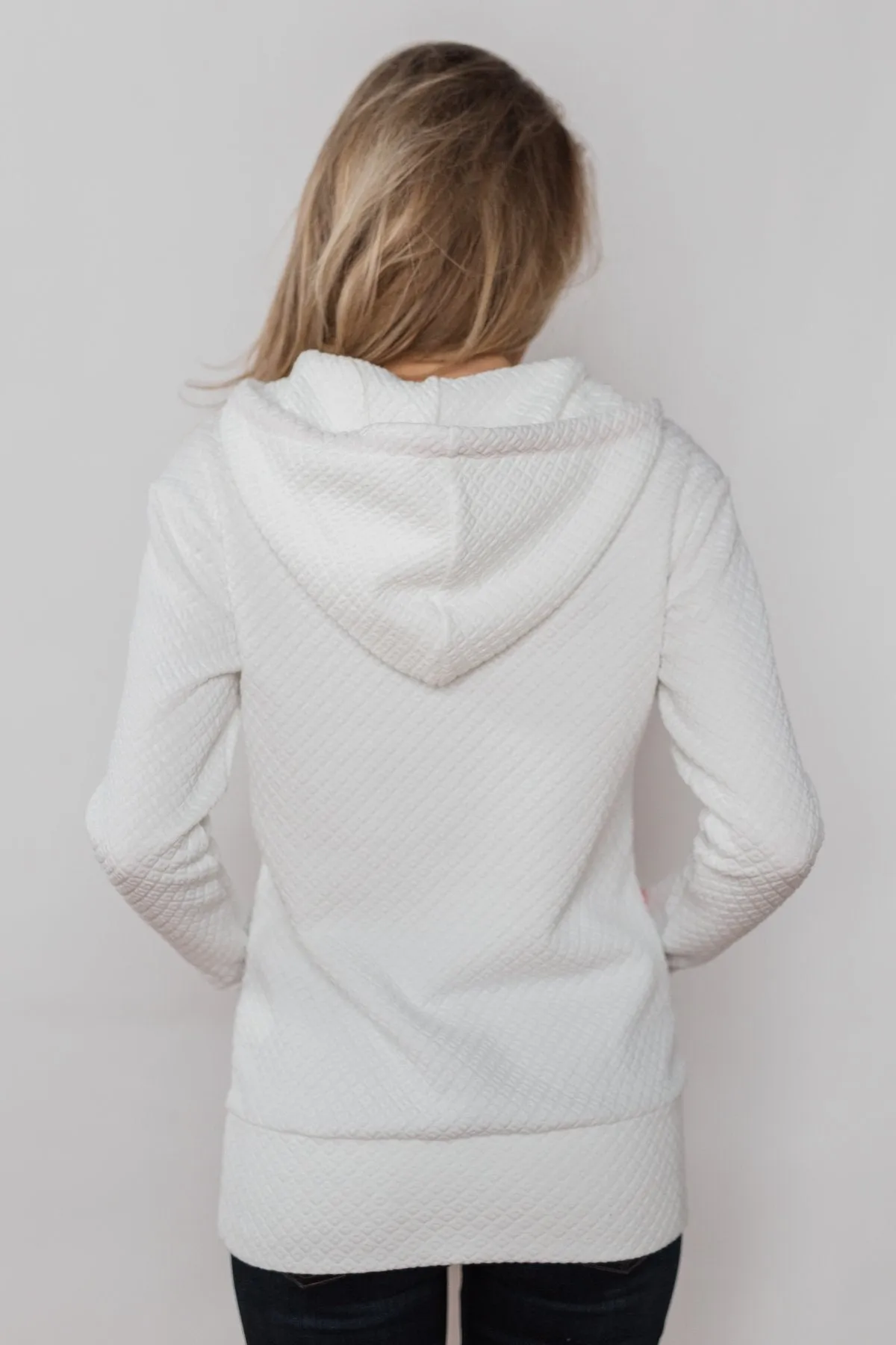 Quilted Half-Zip Ampersand Hoodie- White & Coral